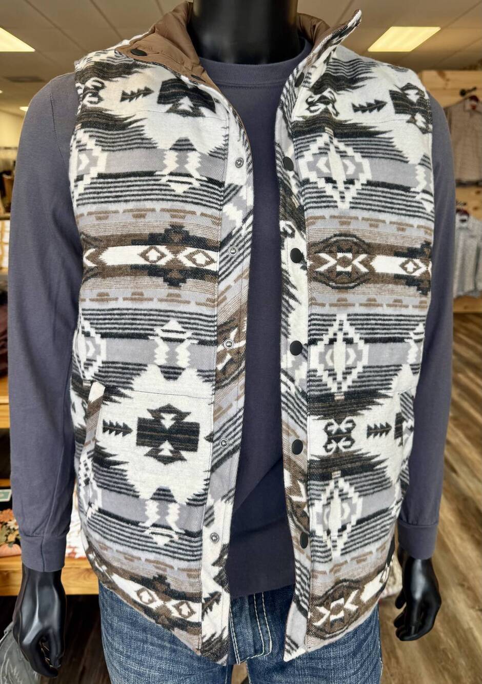 NEW PANHANDLE men's aztec reversible vest in beige multi